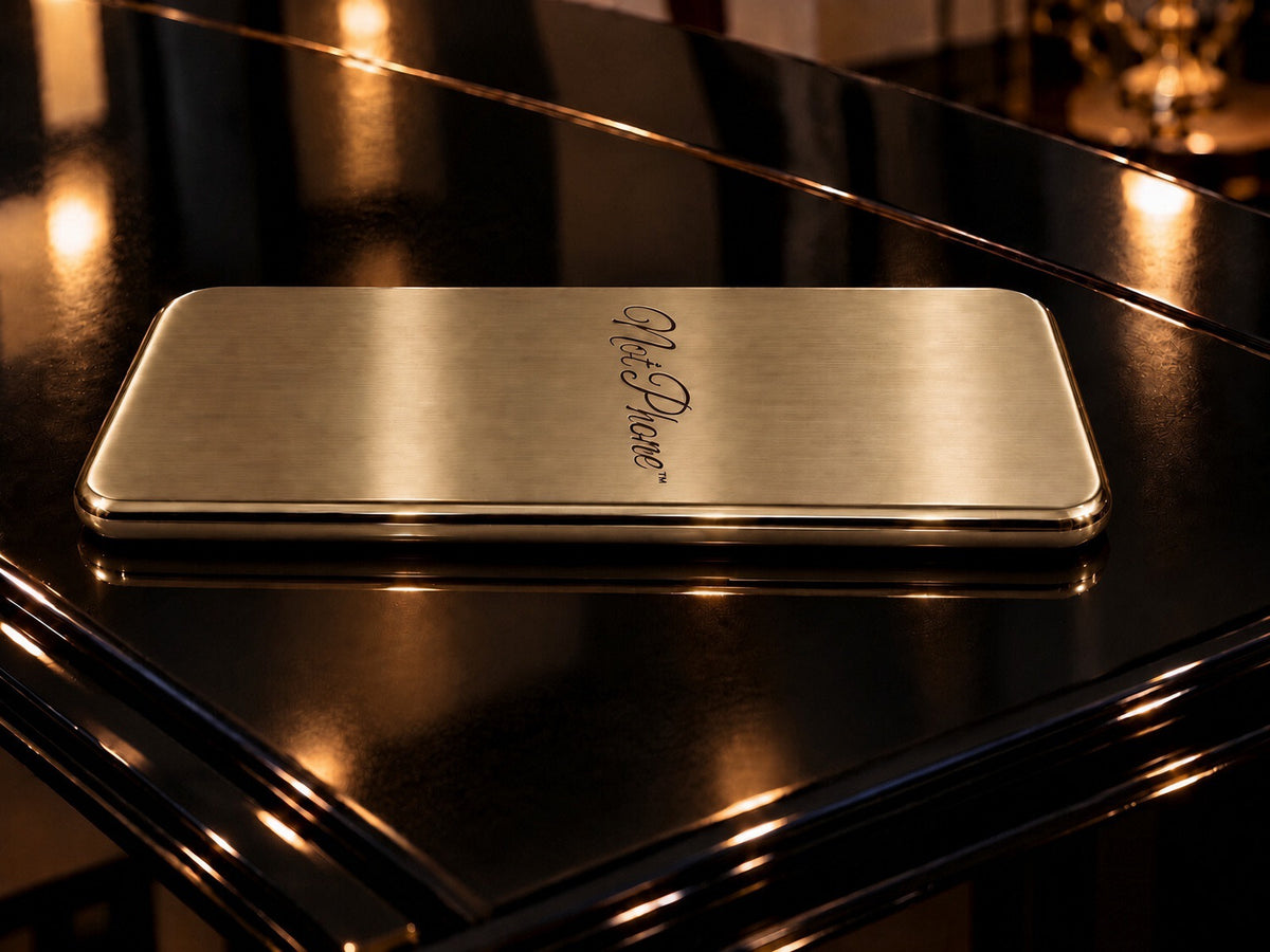 NOT PHONE™ Classic. in hairline-finished solid brass, resting on a black grand piano